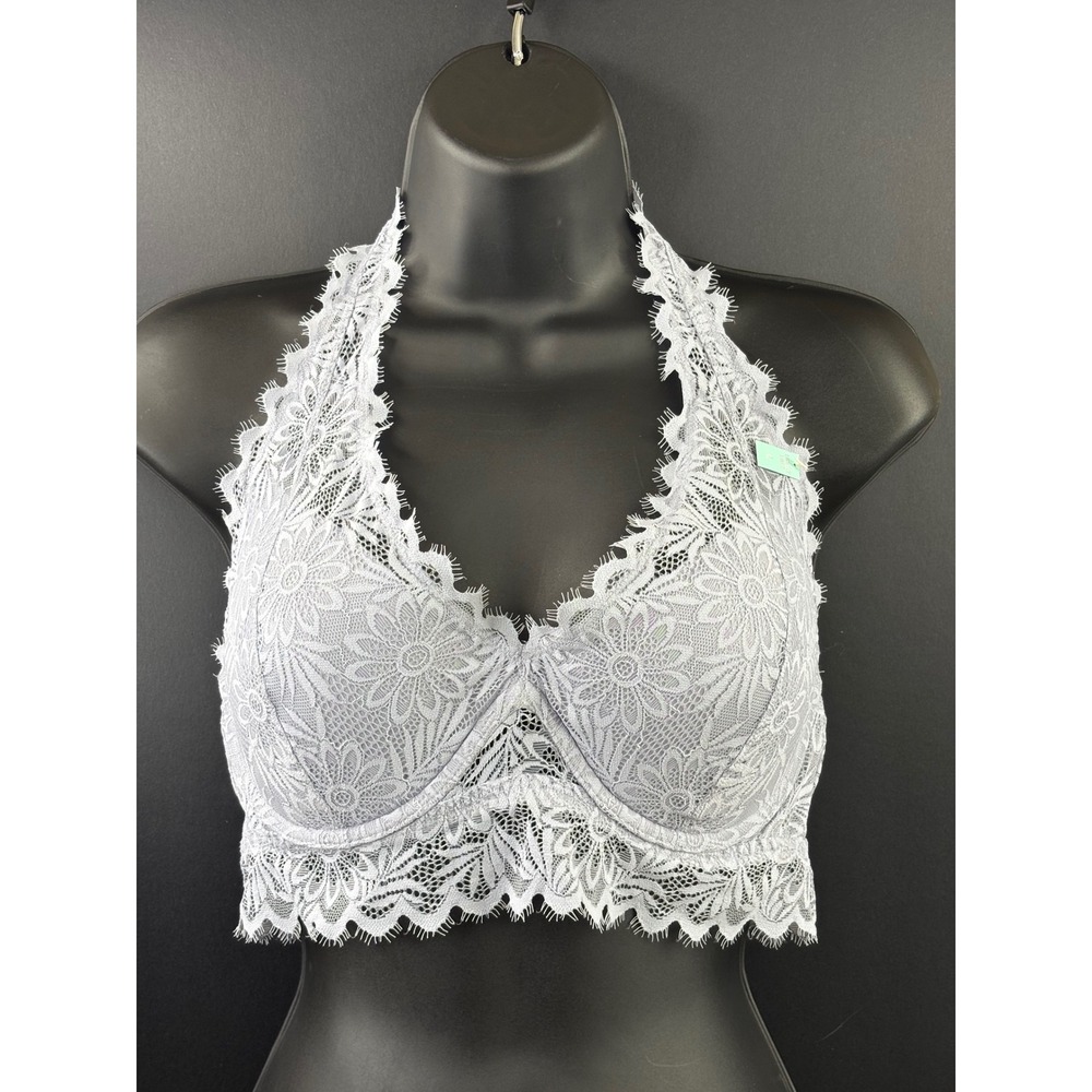 NWT Pink Victoria's Secret Floral Lace Halter Underwire Bralette Lavender Grey L